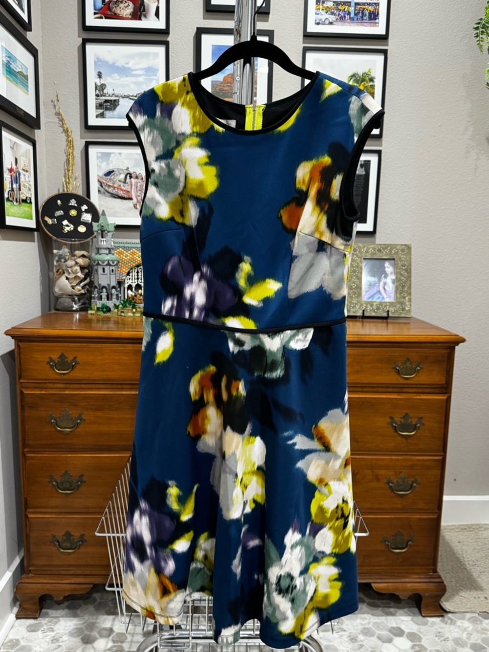 Dressbarn Teal Floral A-Line Dress with Yellow & White Accents
